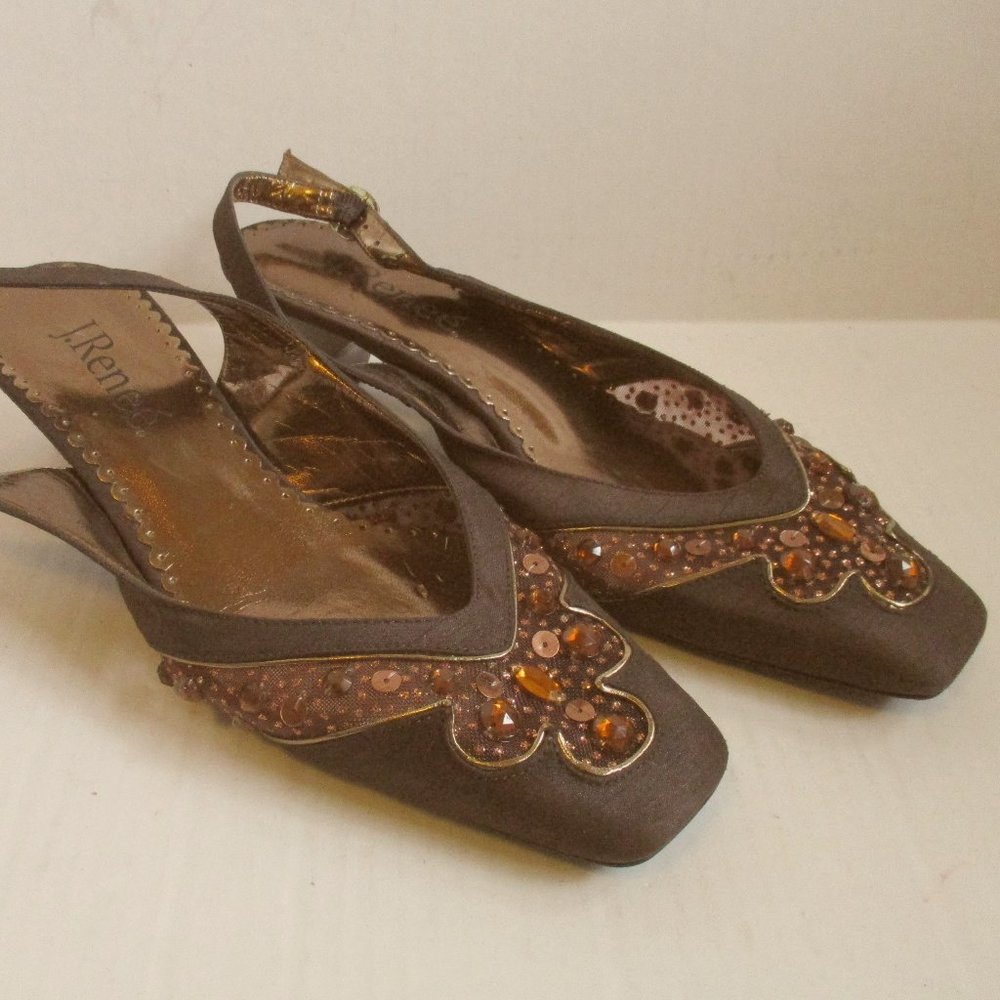 *J.Renee Vintage BOHO Brown Fabric Beaded Sequin Slingbacks
